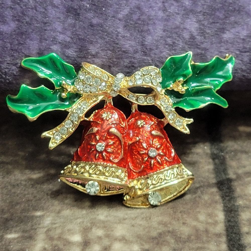 Austrian‎ Crystal Christmas Bells & Holly Brooch